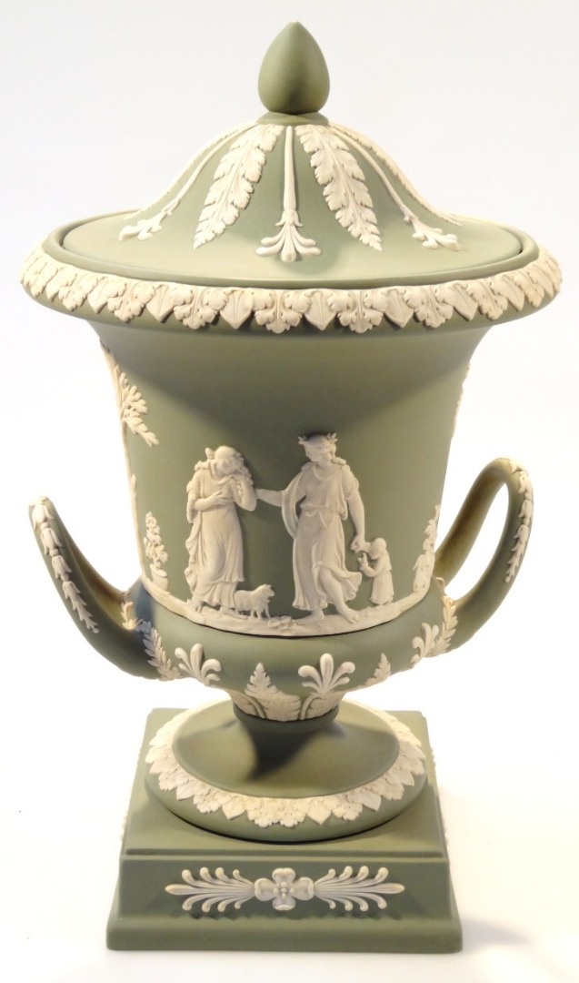 Appraisal: A thC Wedgwood green Jasperware lidded vase of large proportion