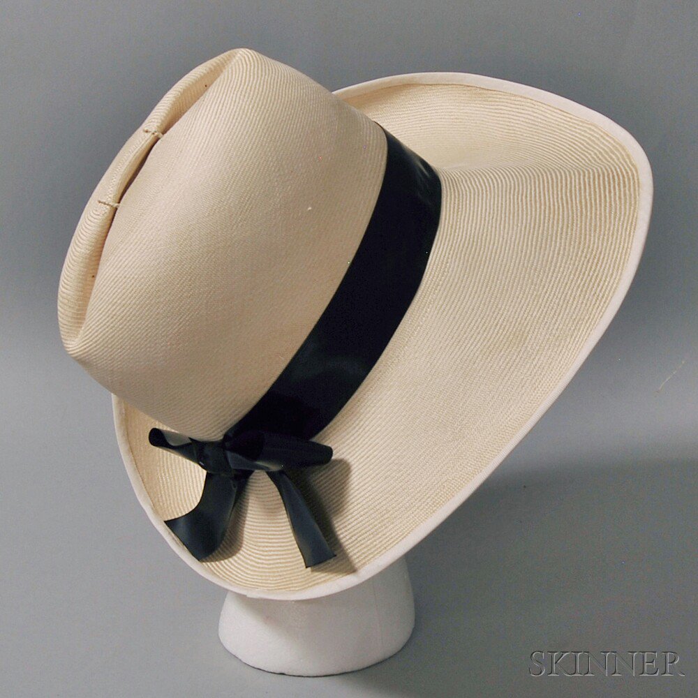 Appraisal: Woven White Straw Hat with Black Plastic Band Adolfo New