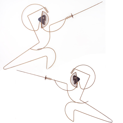 Appraisal: FREDERICK WEINBERG Pair of wire wall sculptures of fencers coated