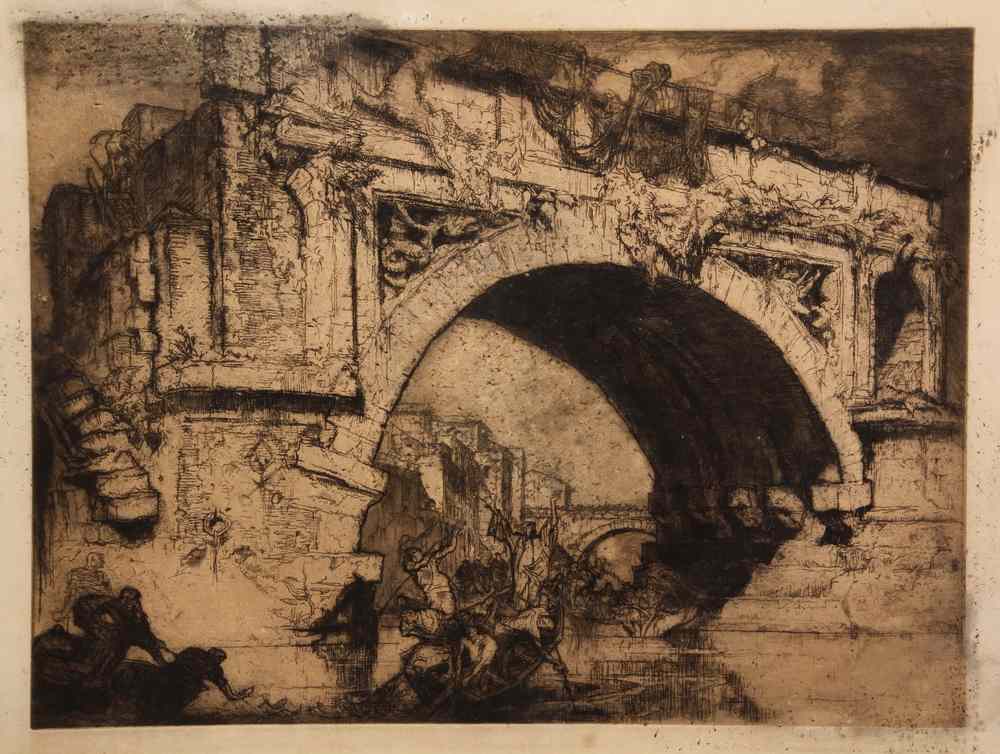 Appraisal: MONUMENTAL ETCHING - Fishermen Below Ruins of Roman Bridge by