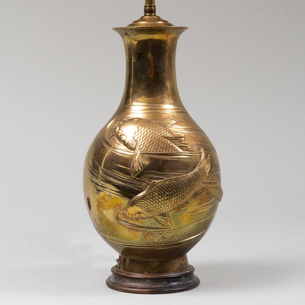 Appraisal: Asian Brass Lamp Embossed with Swimming Coy x in diam