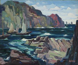 Appraisal: George Ennis Coastal scene with boats at inlet signed lower