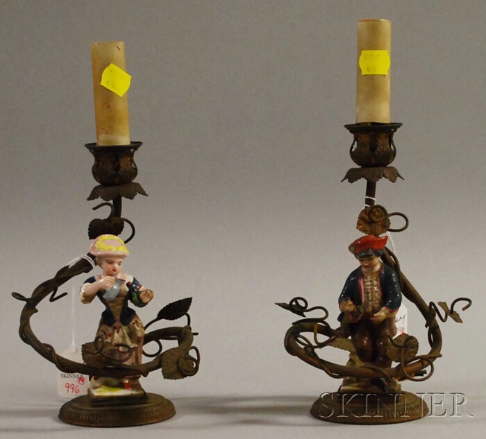 Appraisal: Pair of French Gilt-metal and Porcelain Figural Candlestick Table Lamps