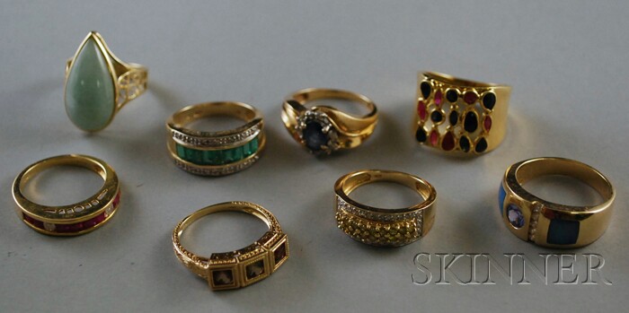 Appraisal: Eight Gold Gem-set Rings a wide contemporary Italian kt gold