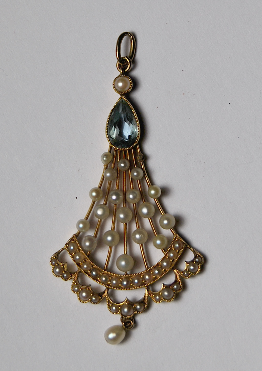 Appraisal: Edwardian fan-shaped pendant set aquamarine small pearls and seed pearls