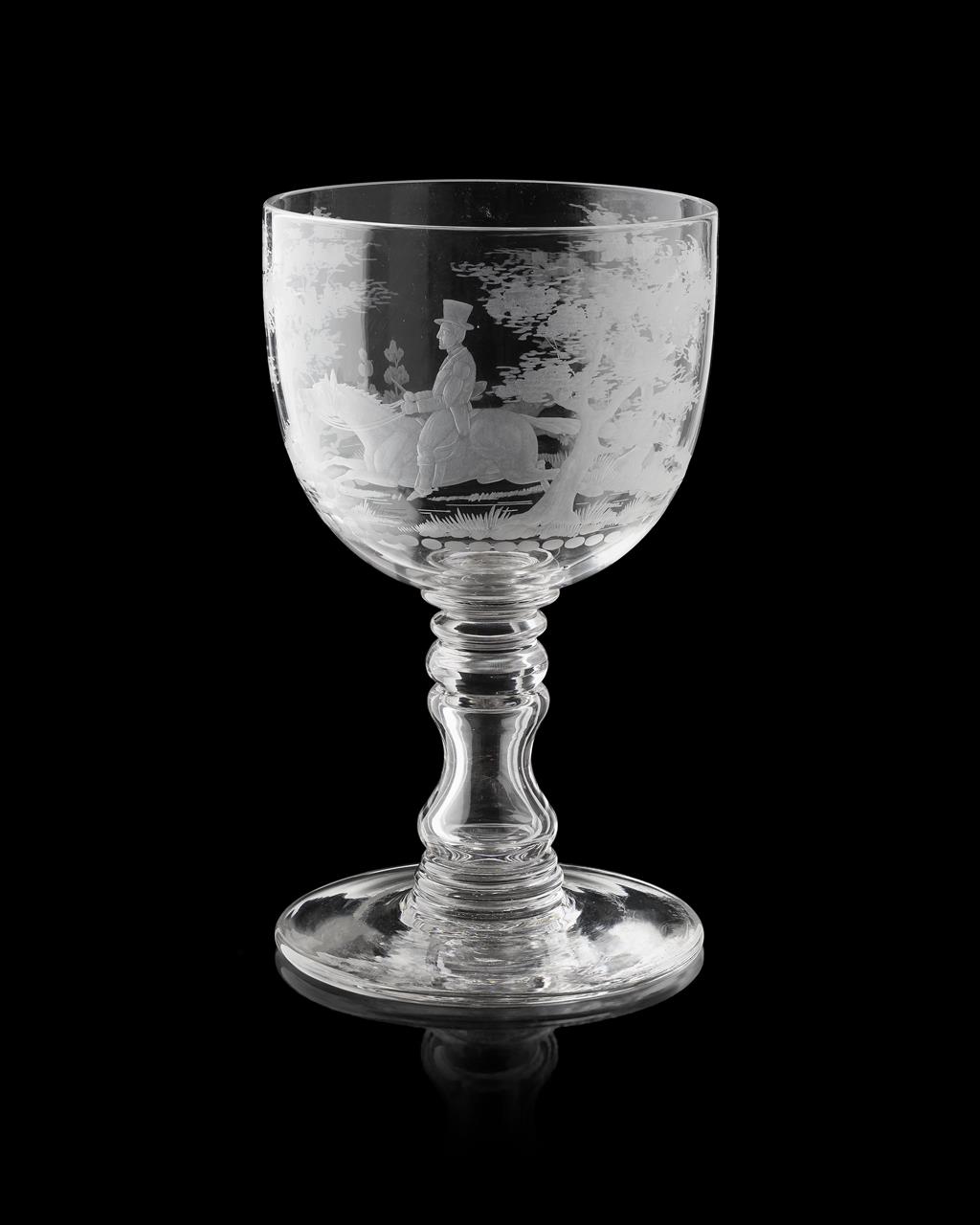 Appraisal: LARGE ENGLISH ENGRAVED GLASS 'HUNTING' GOBLET TH CENTURY the deep