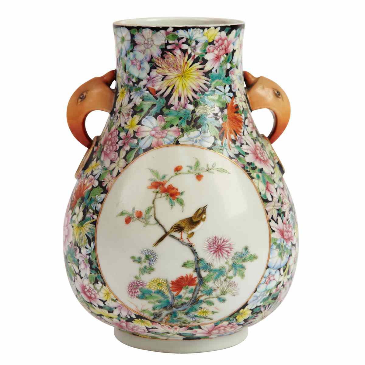 Appraisal: Famille Rose Millefleur Medallion Vase Qianlong Mark Republican Period With