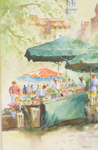 Appraisal: David Weston - Continental street market watercolour cm x cm