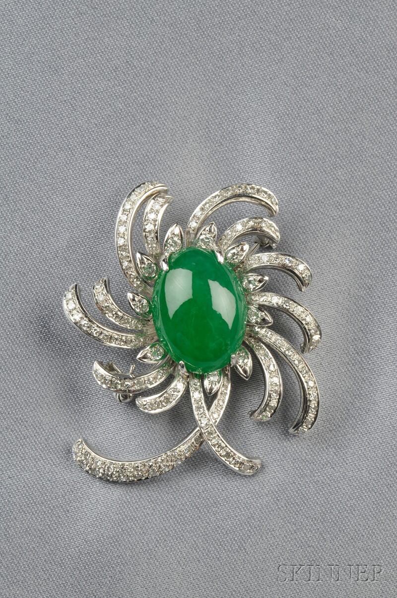 Appraisal: Platinum Jadeite and Diamond Brooch set with a cabochon jadeite