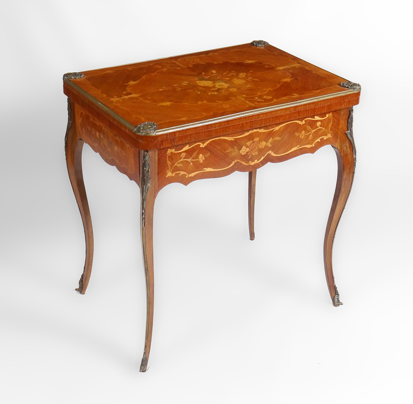 Appraisal: LOUIS XV STYLE MARQUETRY INLAID ORMOLU GAME TABLE Swivel top