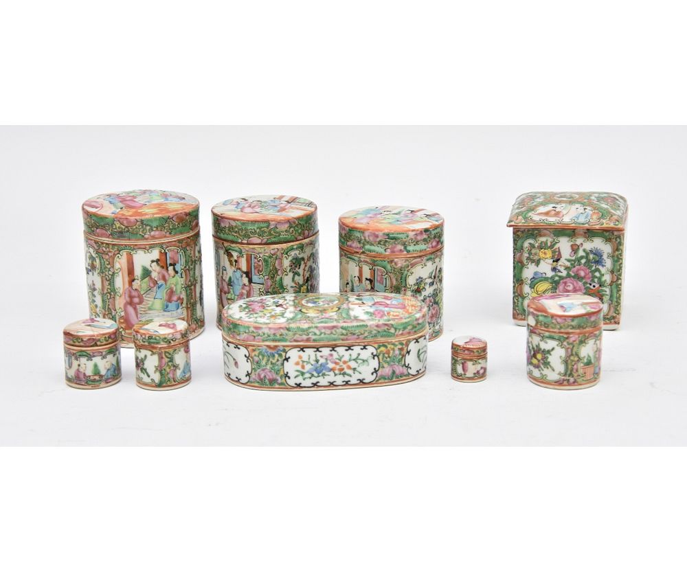 Appraisal: Seven Rose Medallion Canister Boxes etc Seven Rose Medallion round