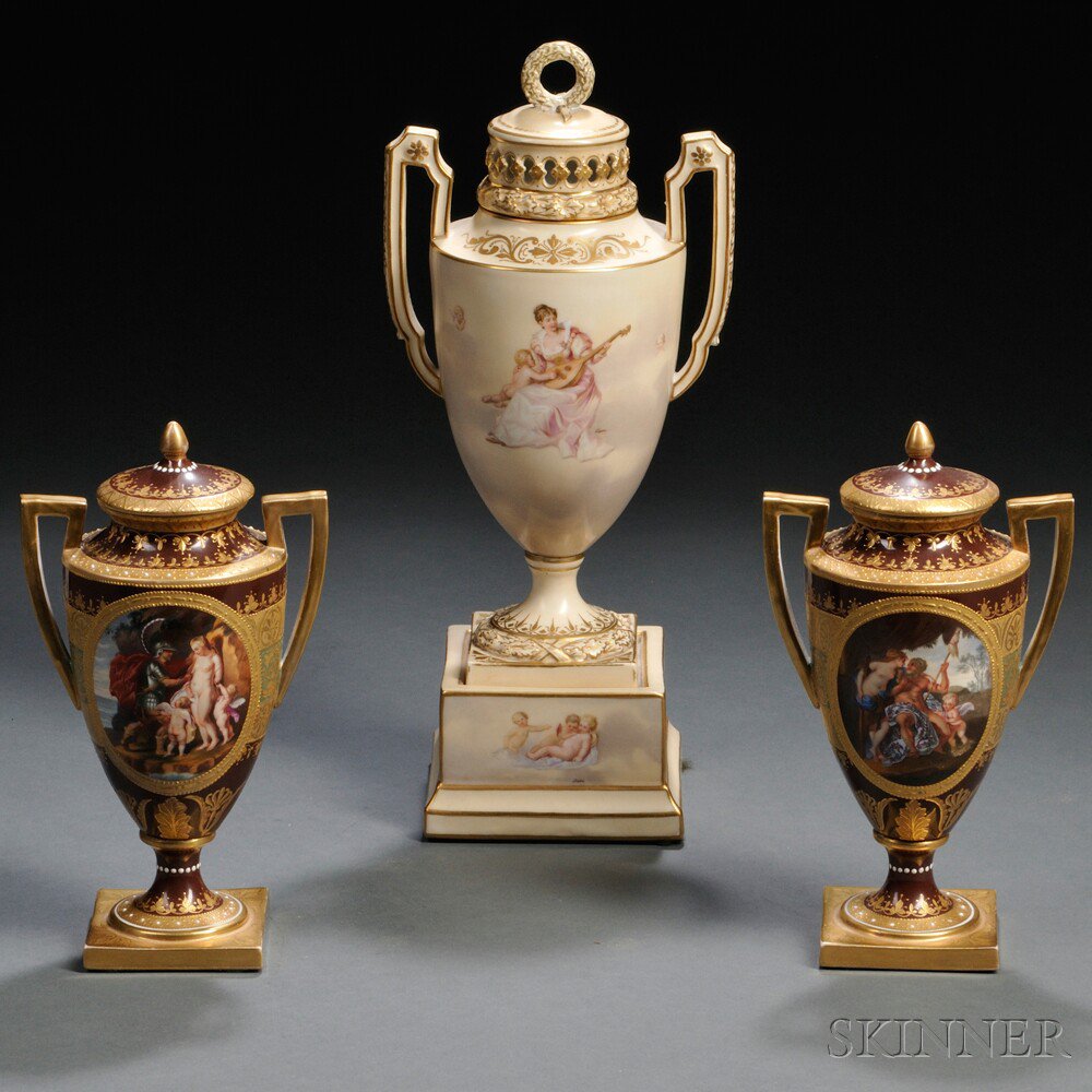 Appraisal: Three Vienna Porcelain Urns and Covers th century each with