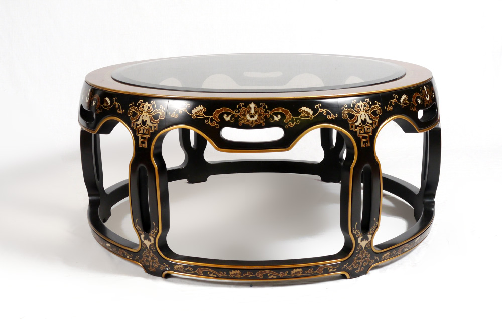 Appraisal: CHINOISERIE GLASS TOP COFFEE TABLE Black chinoiserie table measures approx