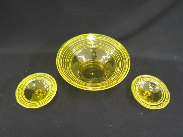 Appraisal: Steuben Art Glass Console Set threaded design on vivid yellow