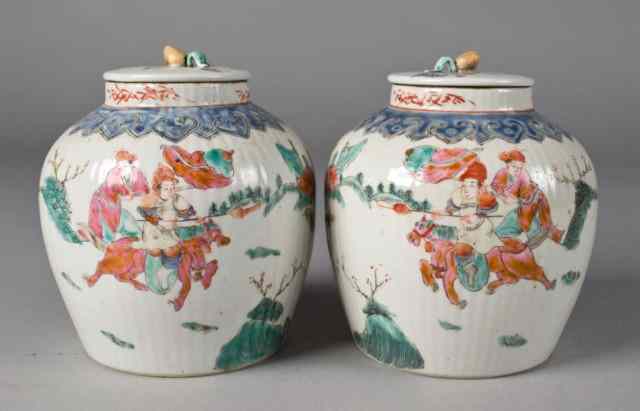 Appraisal: Pr Chinese Famille Rose Covered JarsFinely painted to depict warriors