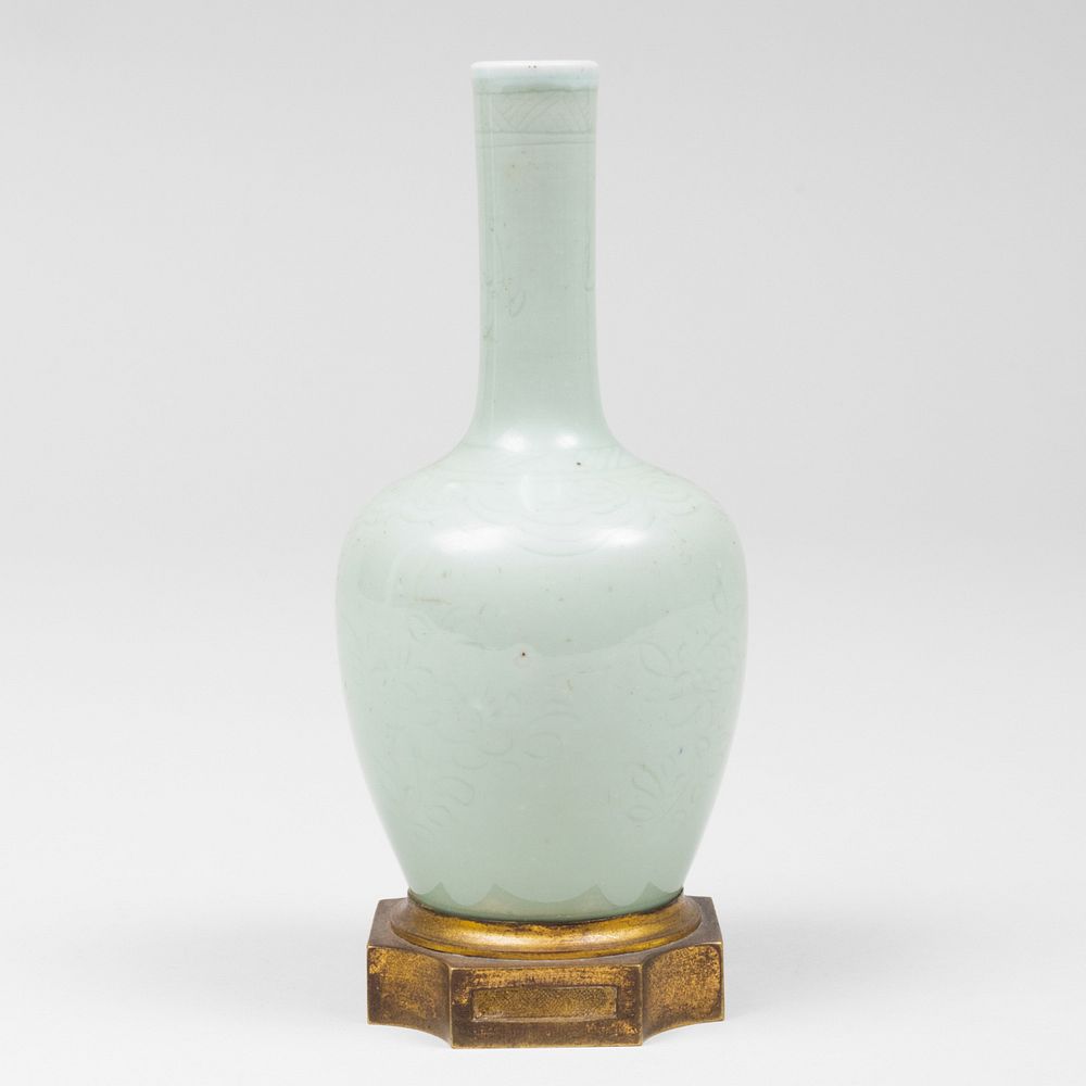 Appraisal: Chinese Celadon Glazed Gilt-Metal-Mounted Bud Vase Double blue circle mark