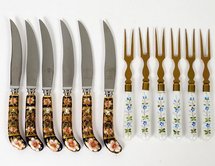 Appraisal: SIX PORCELAIN HANDLED FISH FORKS AND KNIVESContinental The knives with