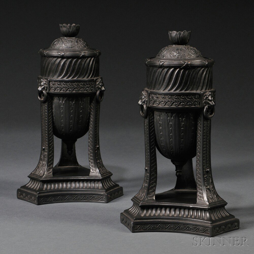 Appraisal: Pair of Wedgwood Black Basalt Cassolettes and Covers England early