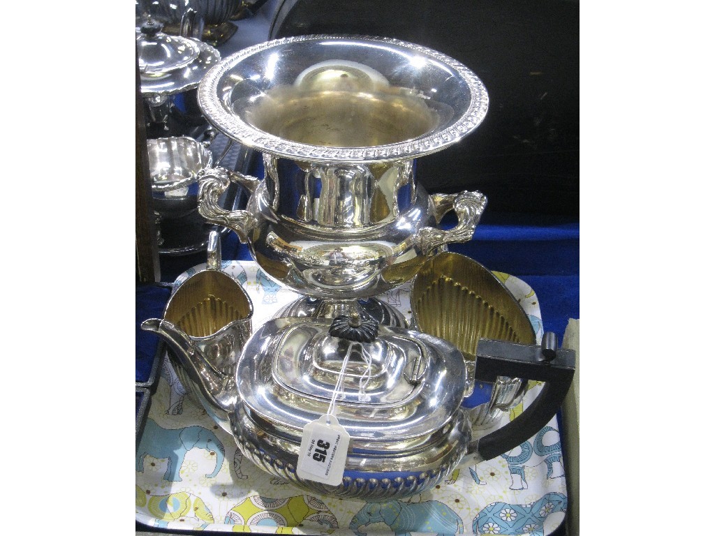 Appraisal: Lot comprising three piece tea service and a wine cooler