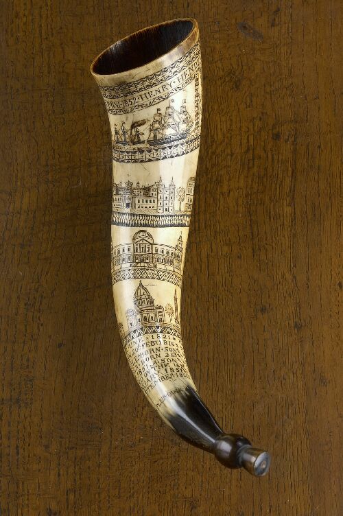 Appraisal: A mid th century scrimshaw cow horn inscribed 'Henry Henderson