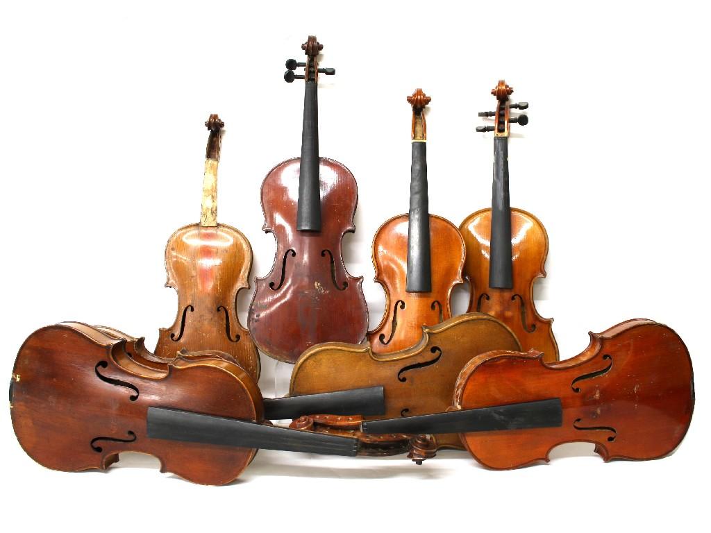 Appraisal: Eight various violins in need of restoration