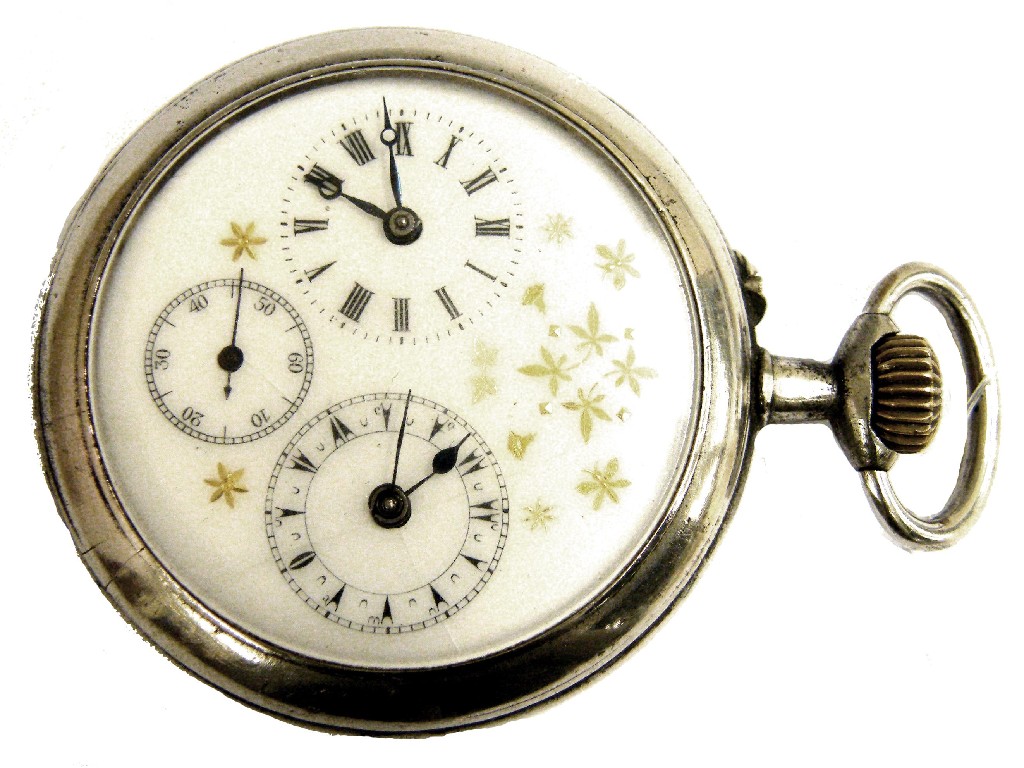 Appraisal: Nickel cased dual time lever pocket watch the white foliate