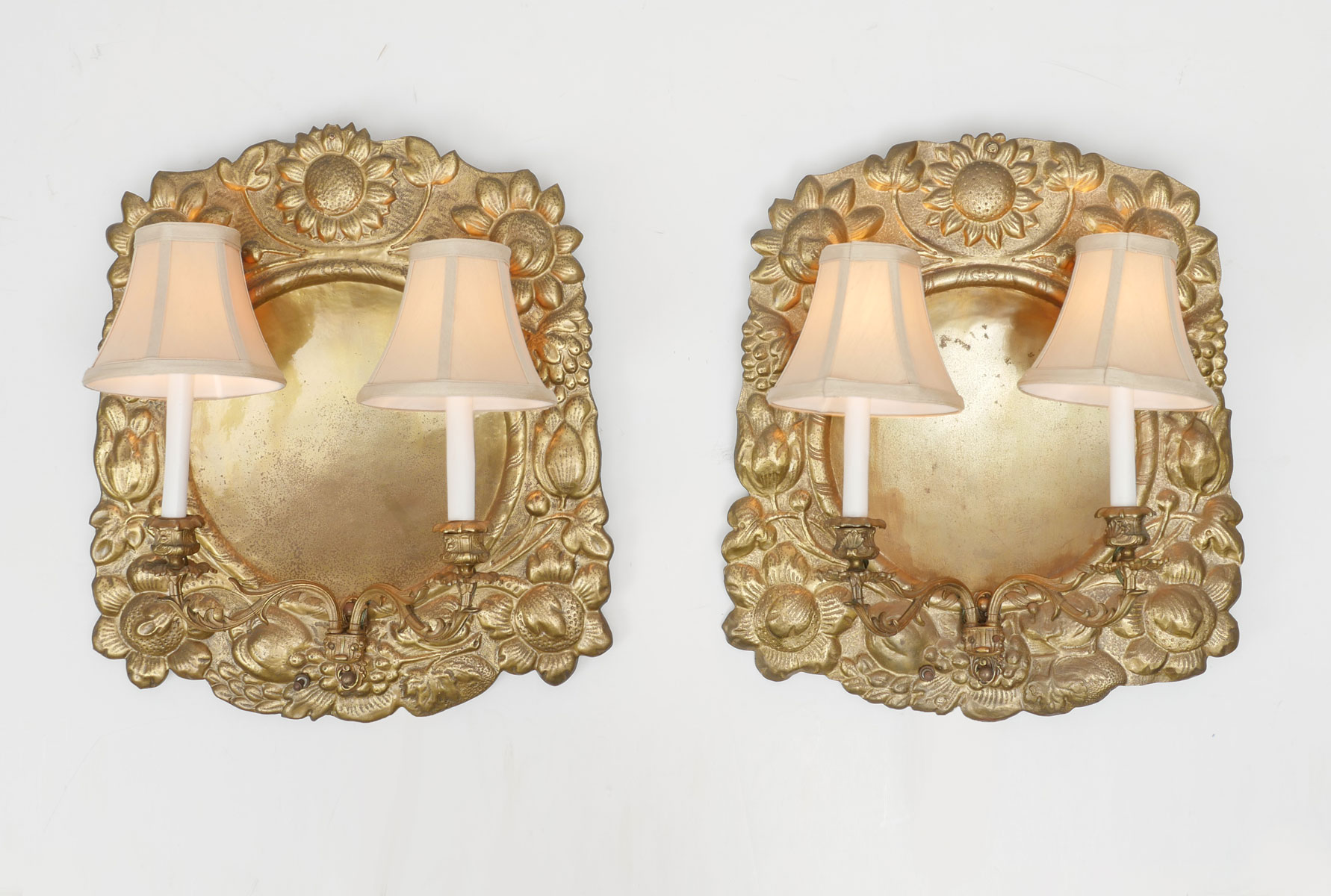 Appraisal: PAIR OF TH CENTURY PRESSED BRONZE SCONCES th C -light