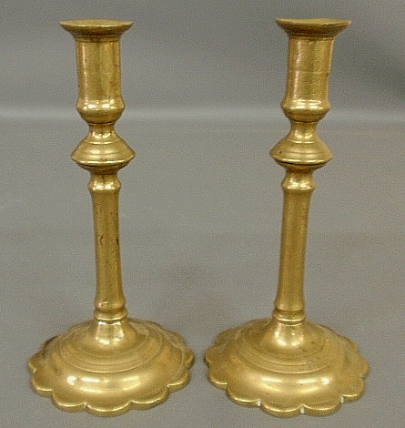 Appraisal: - Pair of Queen Anne brass petal base candlesticks h