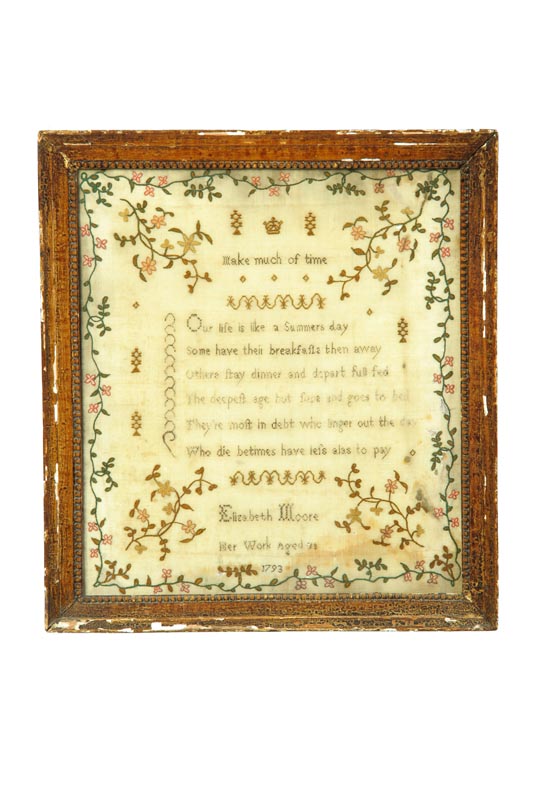 Appraisal: SAMPLER Elizabeth Moore probably England silk on wool gauze Delicate