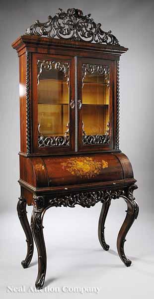 Appraisal: A Fine American Rococo Carved and Inlaid Rosewood Secretary-Bookcase mid-