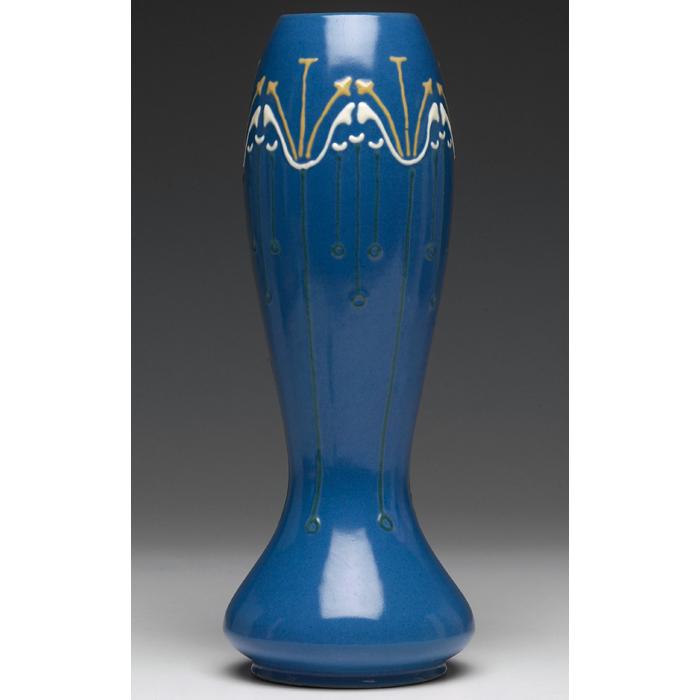 Appraisal: Roseville Aztec vase bulbous shape in blue squeeze bag applied