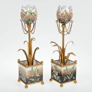 Appraisal: Pair Napoleon III bronze mounted tulip garnitures th c enameled