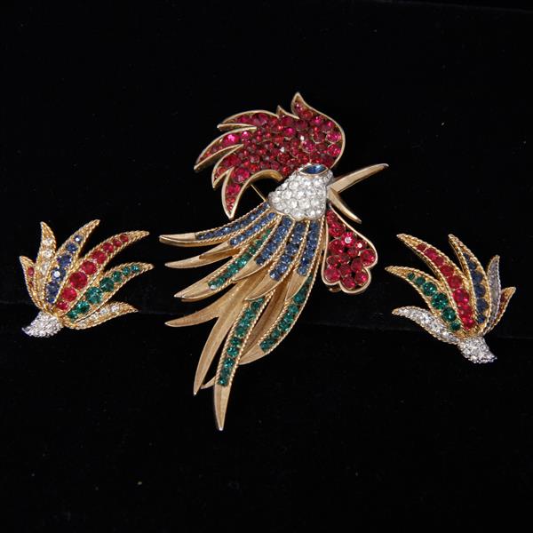 Appraisal: Trifari Alfred Philippe Firebirds Jeweled Figural pin brooch and earrings