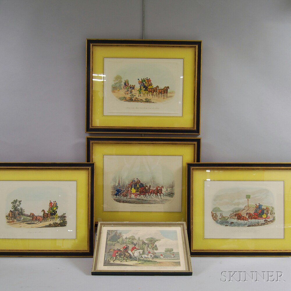 Appraisal: Five Assorted Hand-colored Framed Sporting Prints a set of four