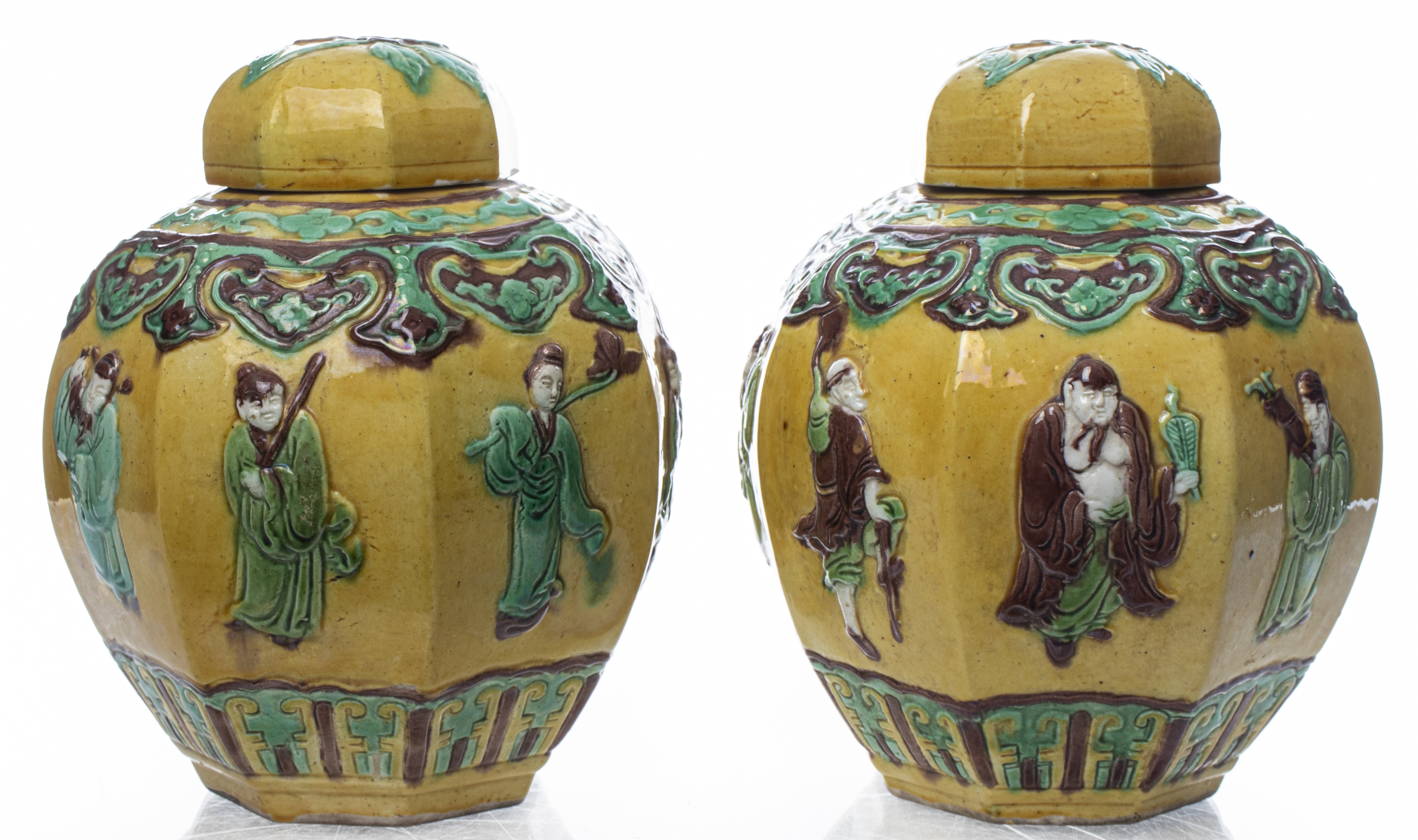 Appraisal: CHINESE SANCAI GLAZE CERAMIC GINGER JARS PAIR Pair of Chinese