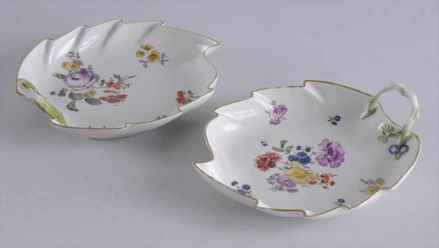 Appraisal: PAIR OF MEISSEN PORCELAIN LEAF-FORM DISHES Each with gilt serrated