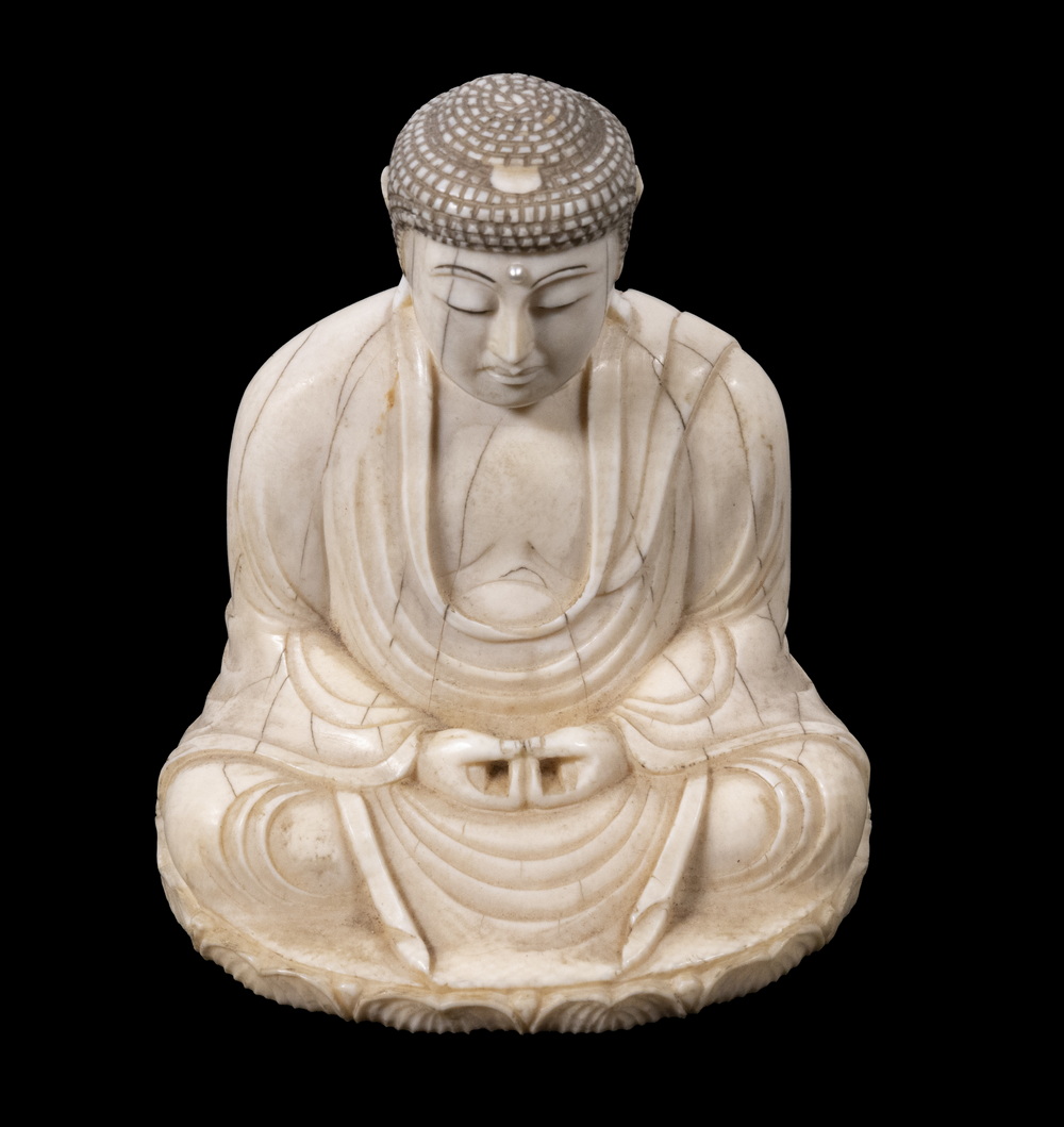 Appraisal: TH C JAPANESE IVORY BUDDHA Seated in Meditation with gold