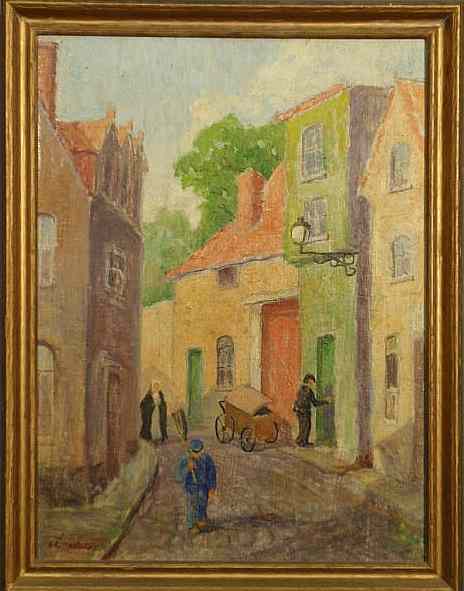 Appraisal: Oil on panel painting of a Bruges Belgium street scene