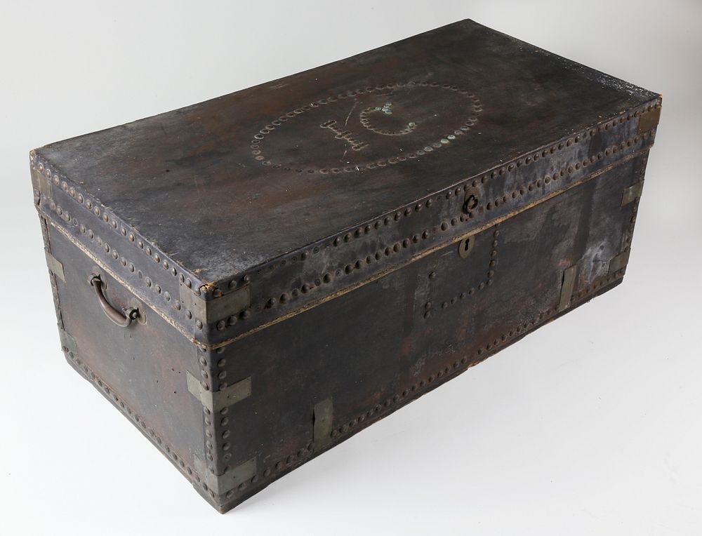 Appraisal: Chinese Export Leather Covered Brass Bound Camphor Wood Trunk th