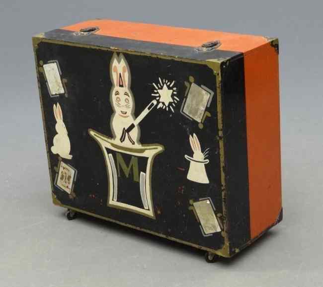 Appraisal: Vintage handpainted magician's box with misc paraphenilia '' W ''