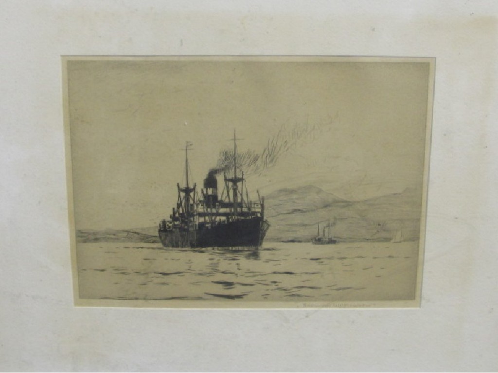 Appraisal: NORMAN WILKINSON Drypoint of a cargo ship signed in pencil