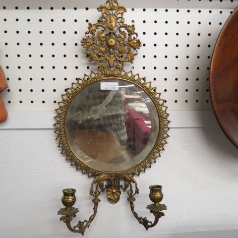 Appraisal: Ornated Bronzed Wall Mirrorwith sconces round beveled mirror rococo trim