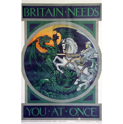 Appraisal: WWI British recruitment poster Britain Needs You At Once depicting