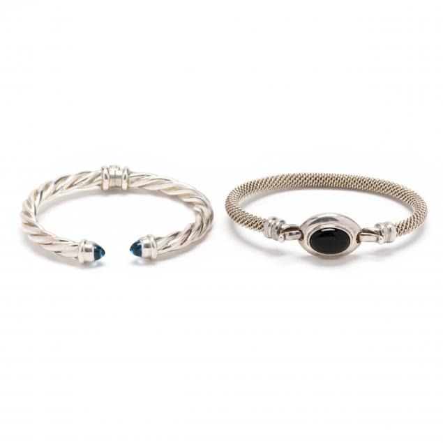 Appraisal: TWO STERLING SILVER AND GEM-SET BRACELETS To include a hinged