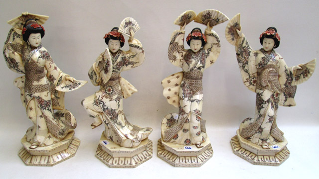 Appraisal: SET OF FOUR FIGURAL BONE DANCING GEISHAS hand carved with