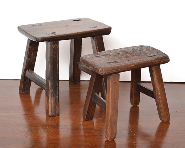 Appraisal: TWO MINIATURE ELM MILKING STOOLS each with a rectangular seat