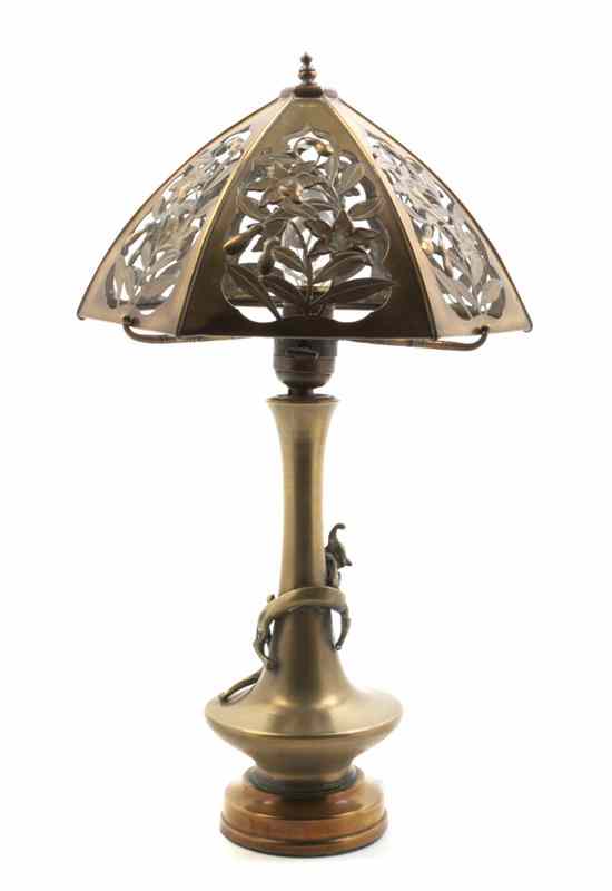 Appraisal: A Japanese Brass Table Lamp the pierced floral decorated shade