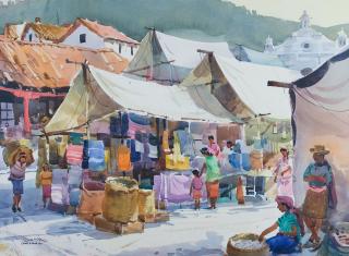 Appraisal: Sunday Market Guatemala by Tom Hill Tom Hill - watercolor