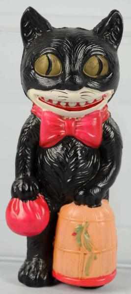 Appraisal: Celluloid Halloween Black Cat Holding Parrot Cage Paper Japan label