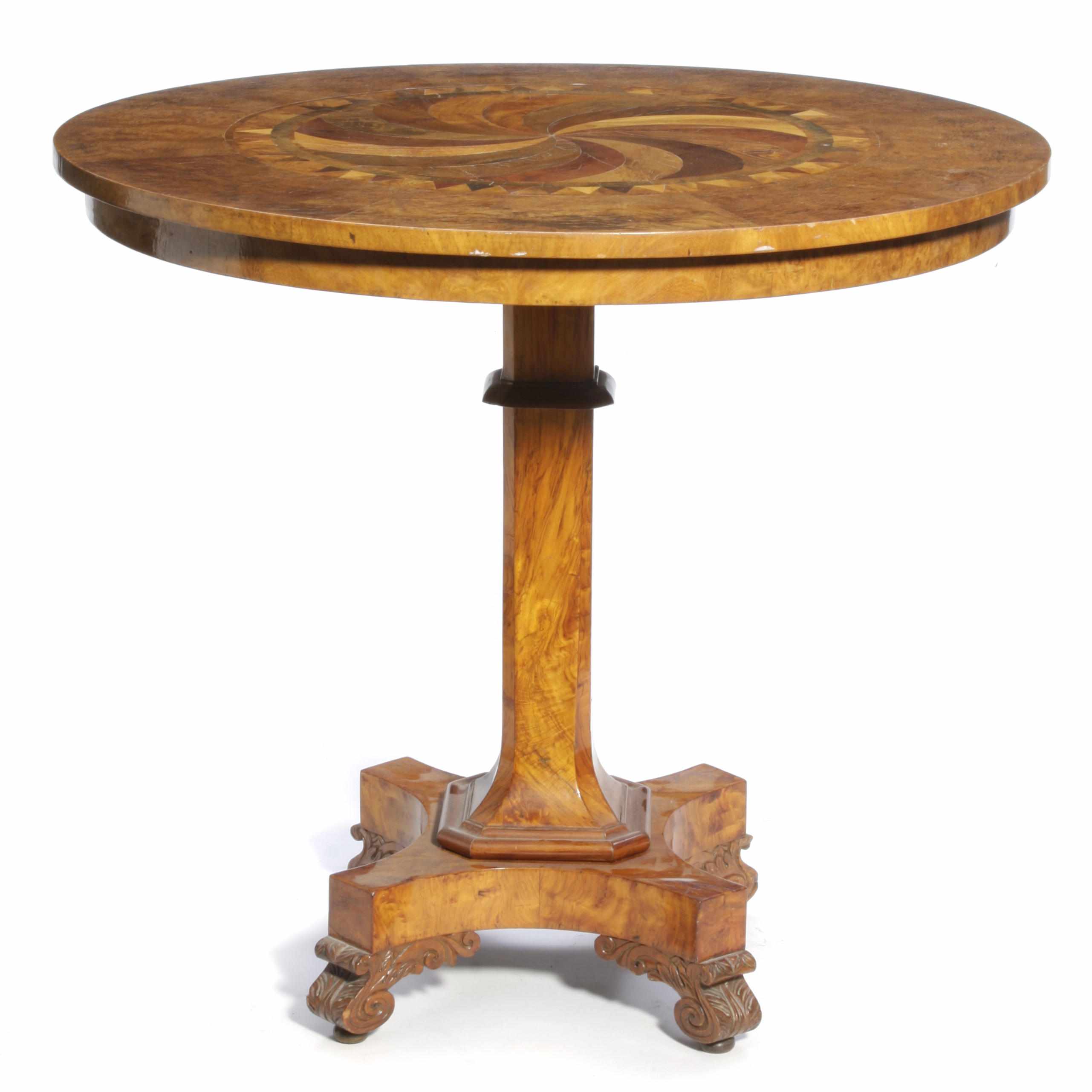 Appraisal: A Continental burl elm and specimen wood center table height